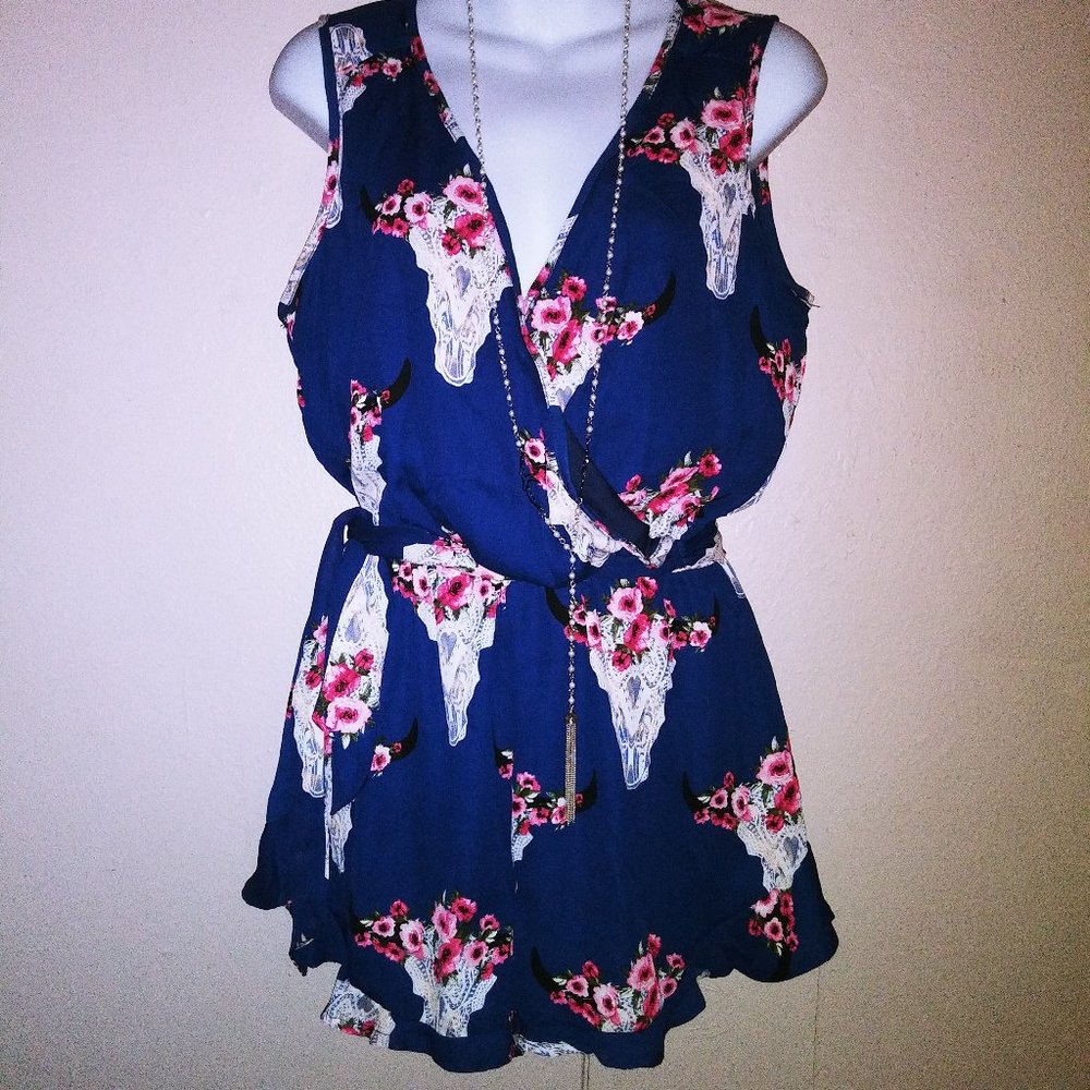 Peach Love Cow Skull w/flower print romper sz M